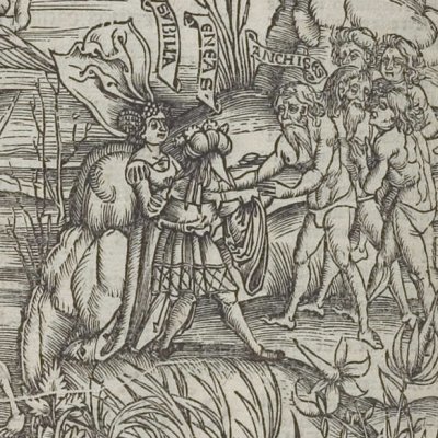 Énée retrouve Anchise sur les bords du Léthé (Virgile, Énéide 6, éd. Brant, Strasbourg Grüninger 1502, f278v)