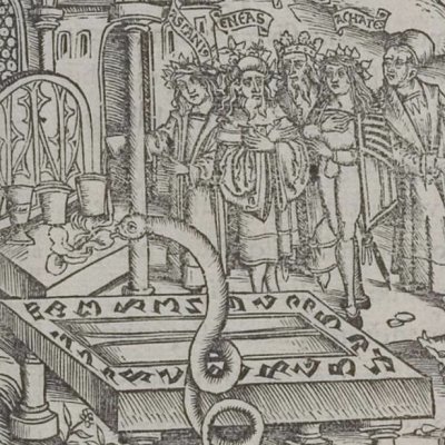 Un serpent interrompt le sacrifice à Anchise (Virgile, Énéide 5, éd. Brant, Strasbourg Grüninger 1502, f232)