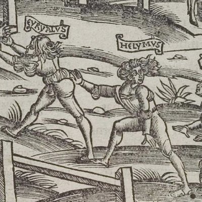 Euryale gagne la course grâce à Nisus (Virgile, Énéide 5, éd. Brant, Strasbourg Grüninger 1502, f238v)