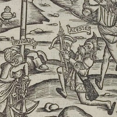 Concours de tir à l’arc. Prodige de la flèche (Virgile, Énéide 5, éd. Brant, Strasbourg Grüninger 1502, f242v)