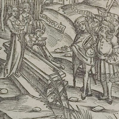 Andromaque sur la tombe d’Hector (Virgile, Énéide 3, éd. Brant, Strasbourg Grüninger 1502, f195)