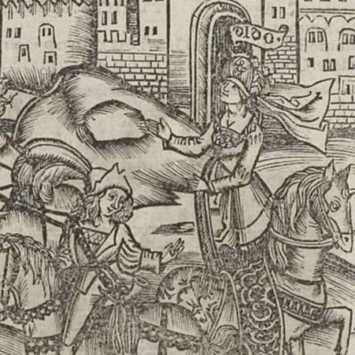 Énée et Didon partent à la chasse (Virgile, Énéide 4, éd. Brant, Strasbourg Grüninger 1502, f214)