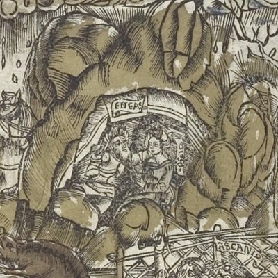 Didon & Énée dans la grotte pendant la chasse (Virgile, Énéide 4, éd. Brant, Strasbourg Grüninger 1502, f214v)