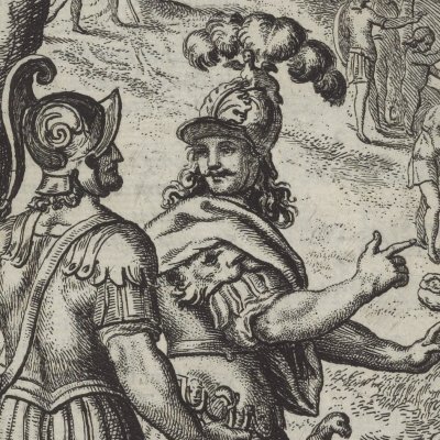 Arrivée des Troyens sur le rivage libyen (Virgile, Énéide 1, éd. Ogilby 1654, p172)