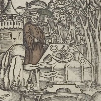 Énée accueilli par Pallas et Évandre (Virgile, Énéide 8, éd. Brant, Strasbourg Grüninger 1502, f312v)