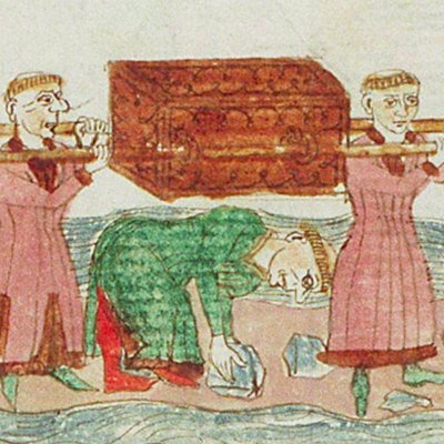 L'arche traverse le Jourdain à sec (Speculum humanæ salvationis, KB 10 B 34, F13rb)