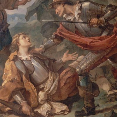 Don Quichotte et le chevalier des miroirs (carton de tapisserie) - Natoire