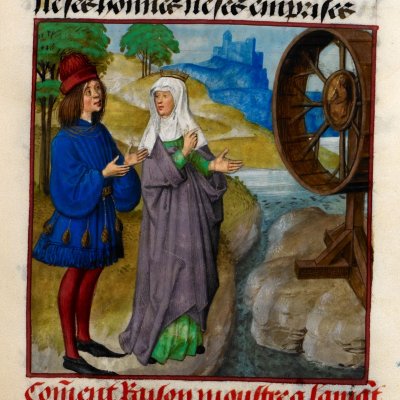 Raison montre à l'amant la roue de Fortune (Roman de la rose, Londres Harley 4425, F57)