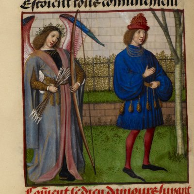 Amour épie l'amant (Roman de la rose, Londres Harley 4425, F18v) 