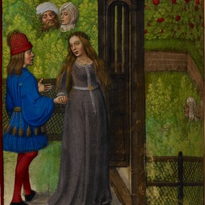 Bel Accueil et l'amant (Roman de la rose, Londres Harley 4425, F30v)