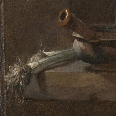 Poireaux, poêlon, marmite de cuivre, couvercle et large tranche de poisson, oignon, deux œufs, égrugeoir avec son pilon - Chardin