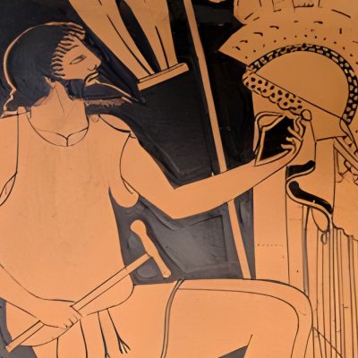Héphaïstos remet à Thétis les armes d’Achille (Kylix de la fonderie, face B)