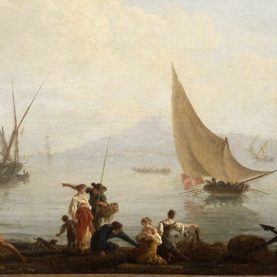 Marine, soleil couchant. Pêcheurs poussant une barque - Vernet