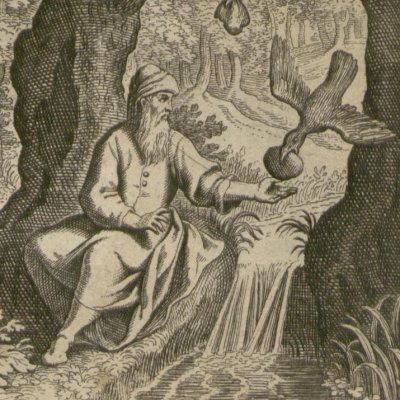 Élie nourri par les corbeaux (Gottfried, Hist. Chronica, 1674)