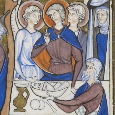 L'hospitalité d'Abraham (Psautier de Saint Louis, F°7v)