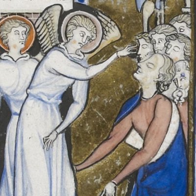 Loth donne l'hospitalité à trois anges (Psautier de Saint Louis, F°8r)