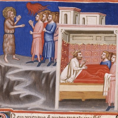 Elie prophétise la mort d'Ochozias (Bible de Naples, F136v)