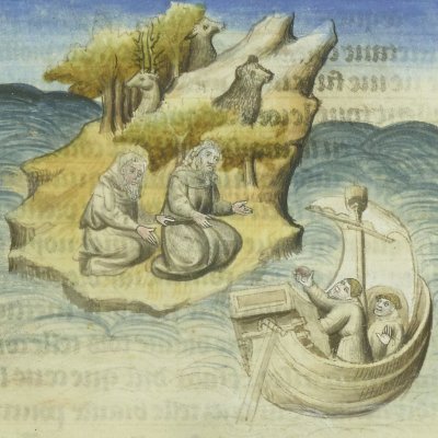 Des marins donnent du pain à Sadoc (Tristan en prose, Ms Fr 100)