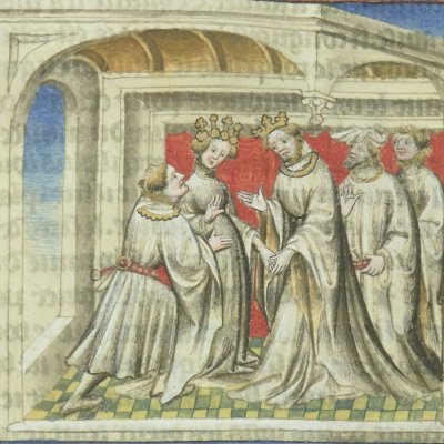 Sadoc et Chelinde accueillis au château de Tériadan l'Enchanteur (Tristan en prose, Ms Fr 100)