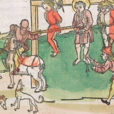 Saint Colman de Stockerau pendu au gibet (Légende dorée, éd. Anton Koberger)
