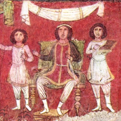 Le sanctuaire de Dagon dévasté par l'arche ; Enfance de Moïse auprès de Pharaon (Synagogue de Doura Europos)