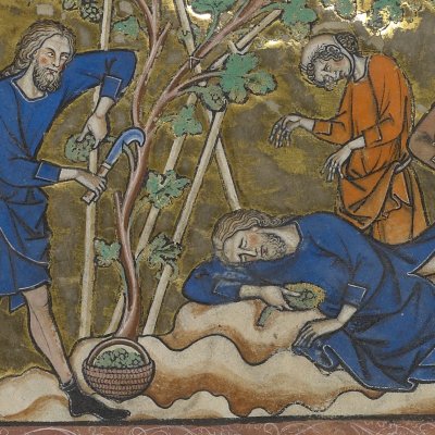 Ivresse de Noé, Babel, Sacrifice d'Isaac, Lot prisonnier (Bible de Maciejowski, fol. 3r°)