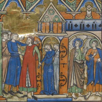 Abraham reprend Sodome ; Melchisedech ; hospitalité de Lot (Bible de Maciejowski, fol. 3v°)
