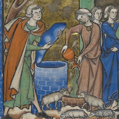 Jacob rencontre Rachel au puits ; double mariage ; Jacob et l'ange ; réconciliation avec Esaü (Bible de Maciejowski, fol. 4v°)