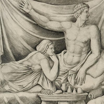 Lit et salle de banquet romain avec procession bacchique (Speculum Romanae Magnificentiae, 1ère pl.) - Lafreri