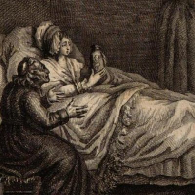 Justine montre le fœtus de son enfant (Tableau des mœurs…, fig3) - Binet