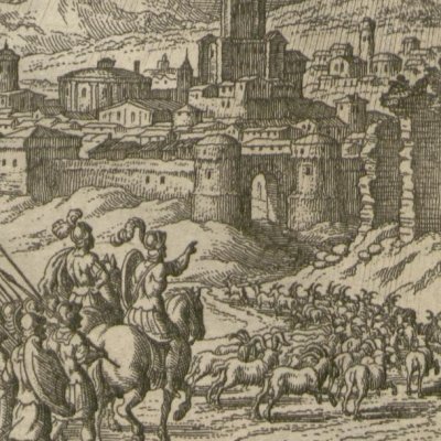 Caranus s'empare d'Edesse en suivant des chèvres (Gottfried, Hist. Chronica, 1674)