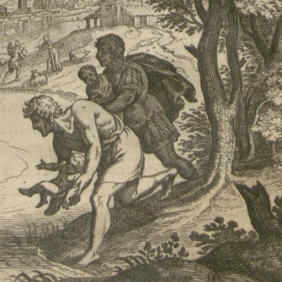Romulus et Rémus abandonnés sur le Tibre (Gottfried, Hist. Chronica, 1674)