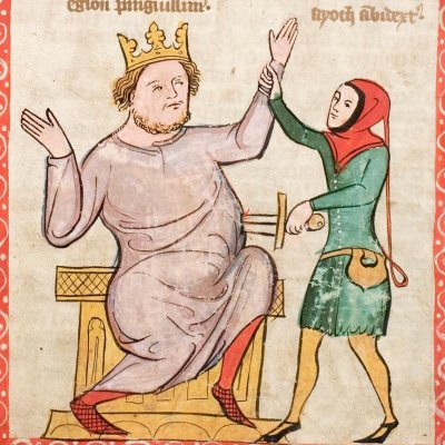 Samson tue le lion. Ehud tue Eglon (Speculum Humanae salvationis, Hs-2505, F55r)