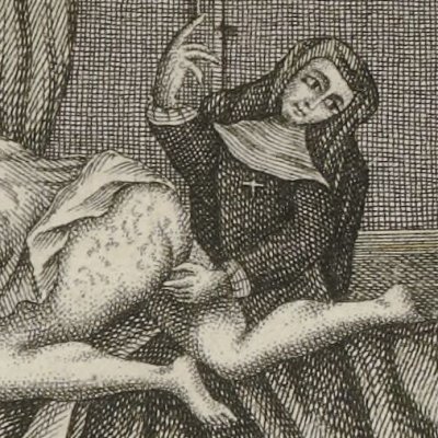 Sœur Angélique examine Sœur Agnès (La Religieuse en chemise, 1774, frontispice)