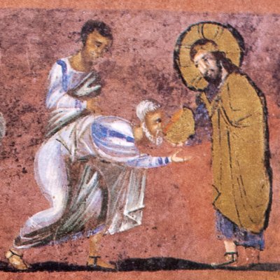La communion des apôtres, distribution du vin (Codex purpureus rossanensis)