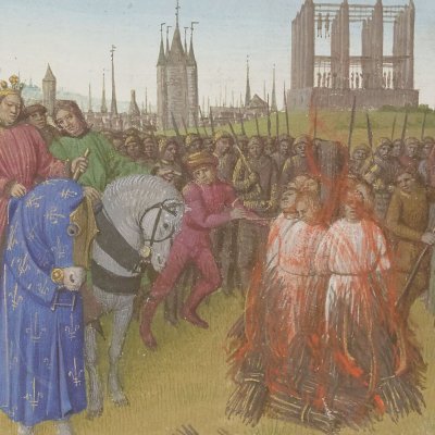 Supplice des Amauriciens au gibet de Montfaucon (Chroniques de Saint-Denis, fol. 236f) - Jean Fouquet