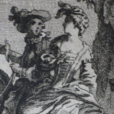 Dame Orette prise en croupe par un chevalier mauvais conteur (Décaméron, J6N1, 1757) - Gravelot