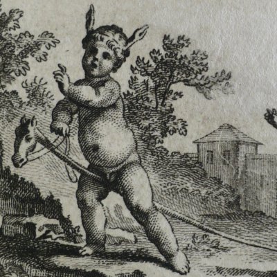 Putto en Mercure sur un cheval de bois (Décaméron, J6N1, 1757) - Gravelot
