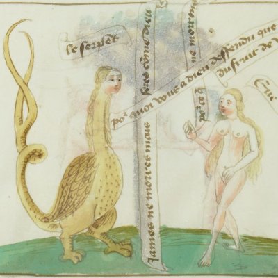 Eve donnée à Adam, tentée par le serpent (Speculum humanae salvationis, Bnf FR188, F6r)