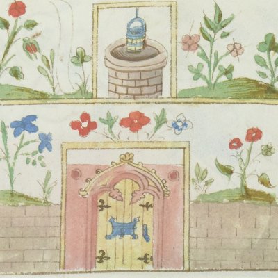 Hortus conclusus & ânesse de Balaam (Speculum humanae salvationis, Bnf FR188, F8r)