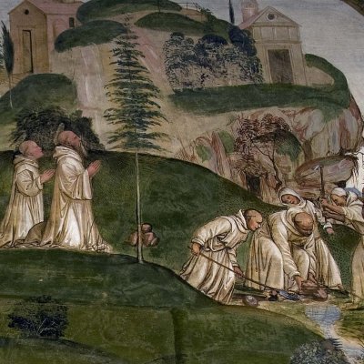 Benoît fait jaillir une source pour les trois monastères (Monte Oliveto, Vie de saint Benoît) - Le Sodoma