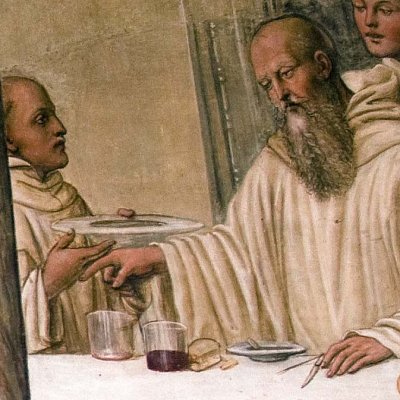 Fiorenzo tente d'empoisoner Benoît (Monte Oliveto, Vie de saint Benoît) - Le Sodoma