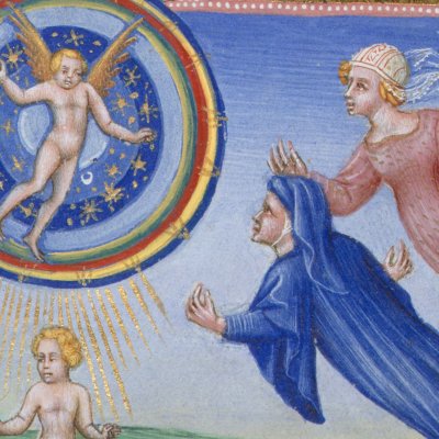 Béatrice explique à Dante l'ordre de l'univers (Divine comédie, Yates Thompson 36) - Giovanni di Paolo
