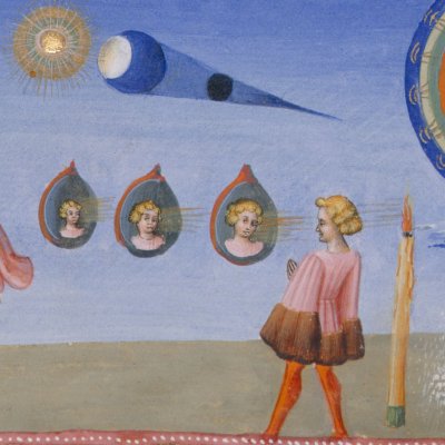 Causes des taches de la lune : l'expérience des trois miroirs (Divine Comédie, Yates Thompson 36) - Giovanni di Paolo