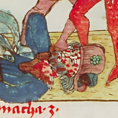 Héliodore flagellé et tué hors du Temple (Speculum humanæ salvationis 10B34)