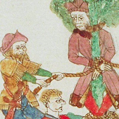 Achior attaché à un arbre devant Béthulie (Speculum humanæ salvationis, KB 10B34, F20v)