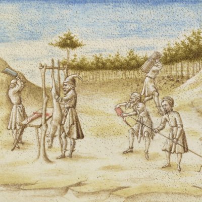 Les Troyens apprêtent les cerfs abattus pas Énée (Virgile, Énéide, livre 1, Bnf Latin 7939A, f63r)