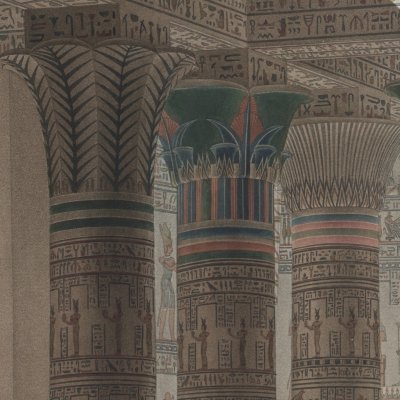 Island of Philæ. Interior colored perspective view, taken under the portico of the Great Temple (Description de l'Egypte, vol. I)