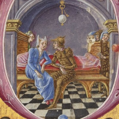 Énée raconte à Didon la chute de Troie (Virgile, Énéide, livre 2, Bnf Latin 7939A, f72r)