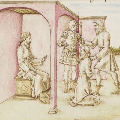 Le traître Sinon est amené devant Priam (Virgile, Énéide, livre 2, Bnf Latin 7939A, f74r)